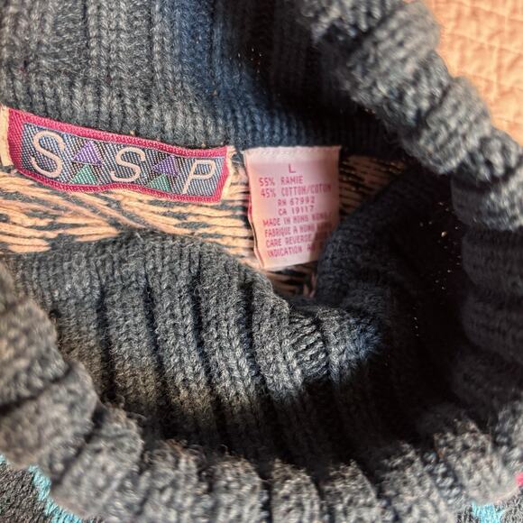 Vintage SSP Turtleneck Sweater L Ramie Cotton 80s 90s Teal Pink Purple RN 67992 - Picture 3 of 9